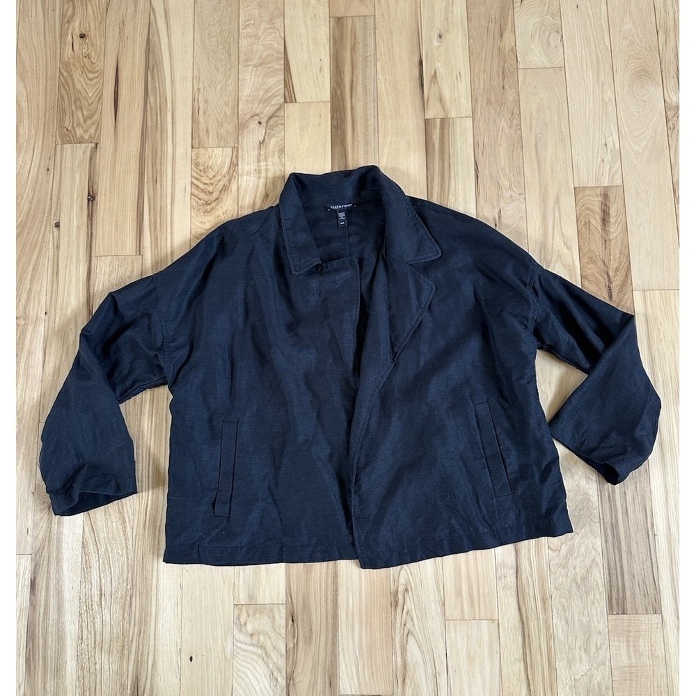 Eileen Fisher Organic Linen Blend Black Blazer Women's Medium Jacket Open Front